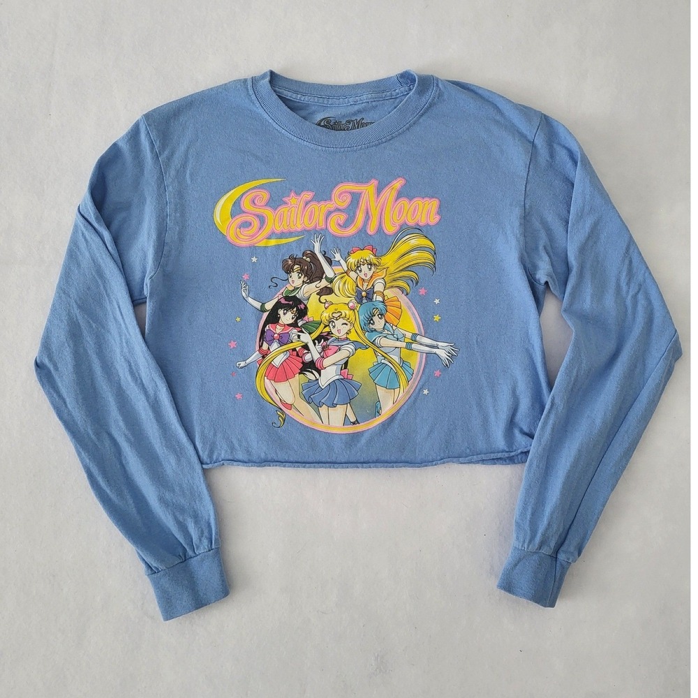 Sailor Moon Girls Light Blue Long Sleeve Graphic Crop Top Shirt Small S